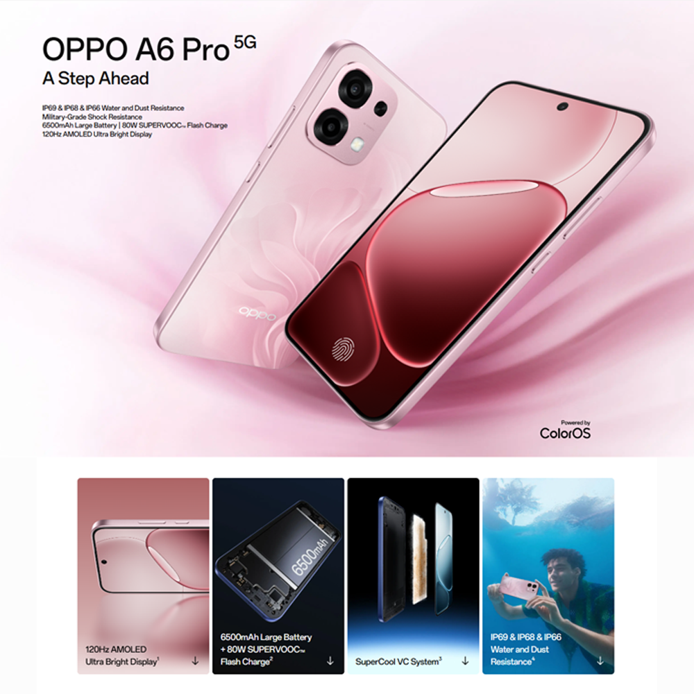 OPPO A6 Pro 5G 8GB+256GB | 50MP Camera | 6.57 inch, AMOLED | Li-Po 6500mAh | Mediatek Dimensity 6300 (6 nm) | Android 15, ColorOS 15