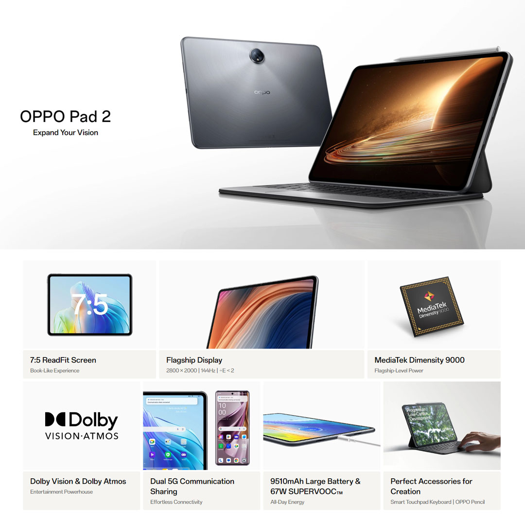 (Pre-Order till 27.10.2023) OPPO Pad 2 8GB+256GB | 11.61" Display | 7:5ReadFit Screen | 13MP Camera | 9510mAh Battery | Tablet with 1 Year Warranty