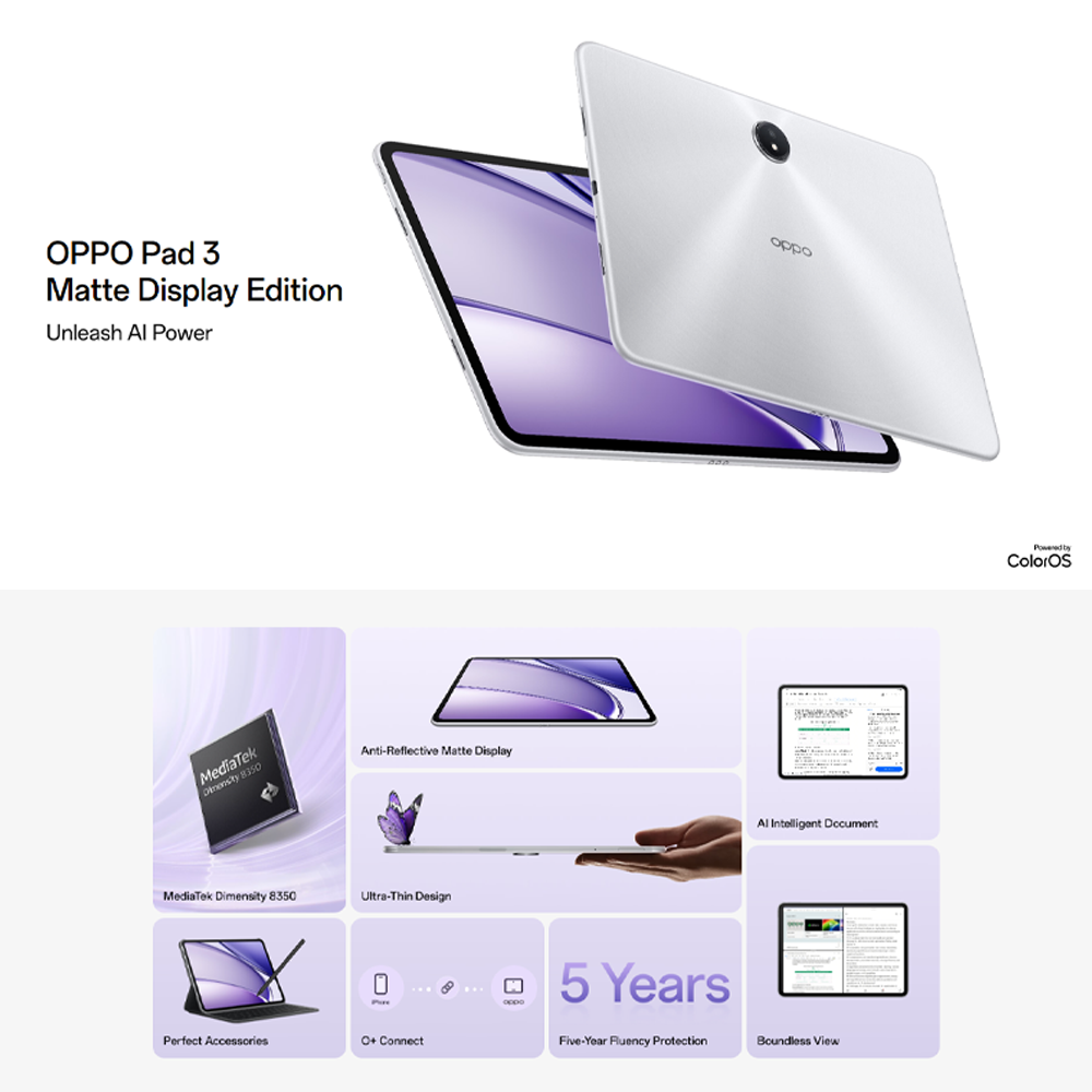 OPPO Pad 3 Matte Display Edition | Mediatek Dimensity 8350 |  Ultra Thin Design | Five Year Fluency Protection