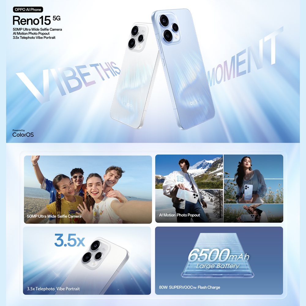 OPPO Reno15 5G | 80W SUPERVOOC™ Flash Charge | 3.5x Telephoto Vibe Portrait | AI Motion Photo Popout | 50MP Ultra Wide Selfie Camera
