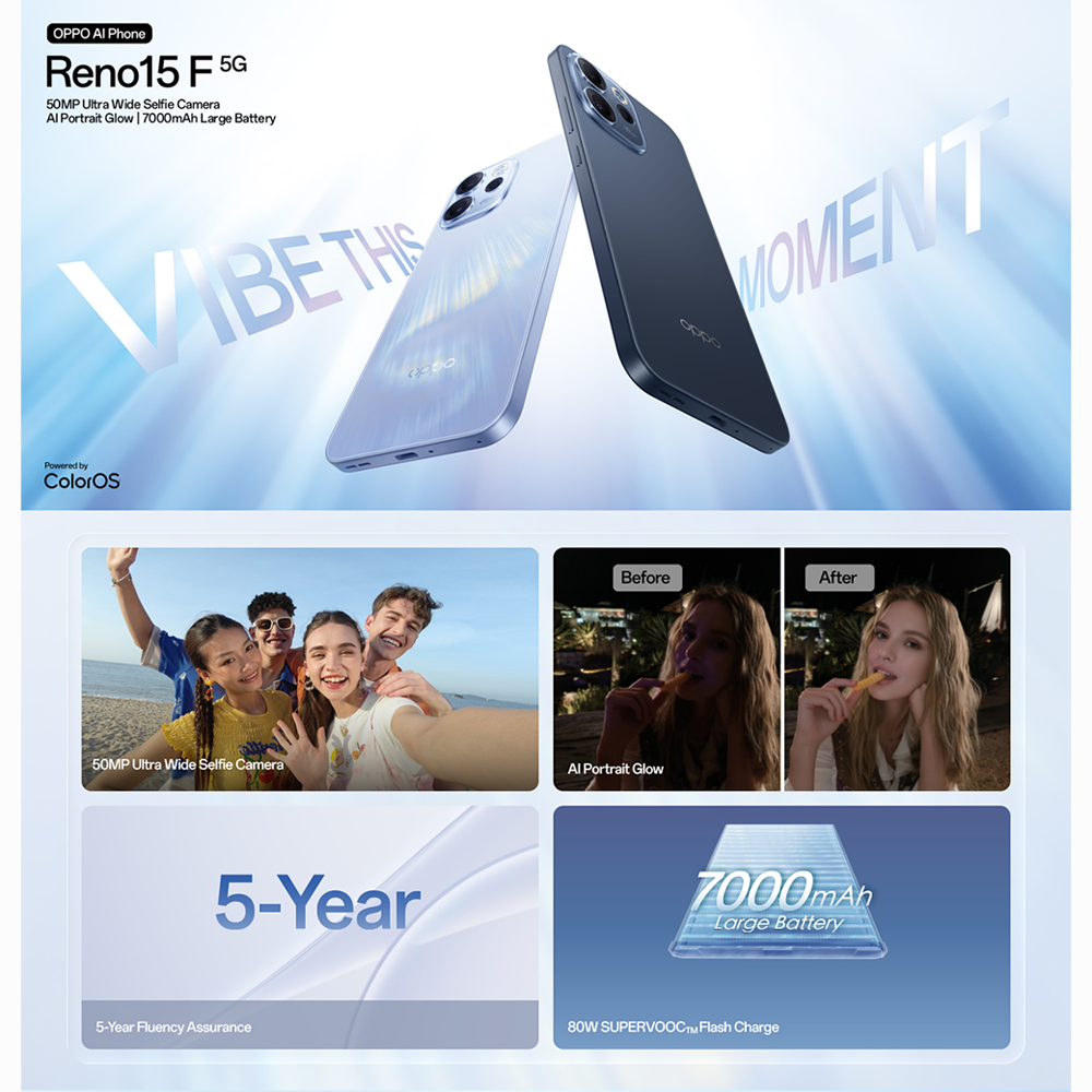 OPPO Reno15 F 5G 8GB+256GB / 12GB+256GB | 6.57 inch | 50MP Rear Camera | Qualcomm SM6450 Snapdragon 6 Gen 1 (4 nm) | Android 16, ColorOS 16 | Li-Po 7000 mAh, 80W wired