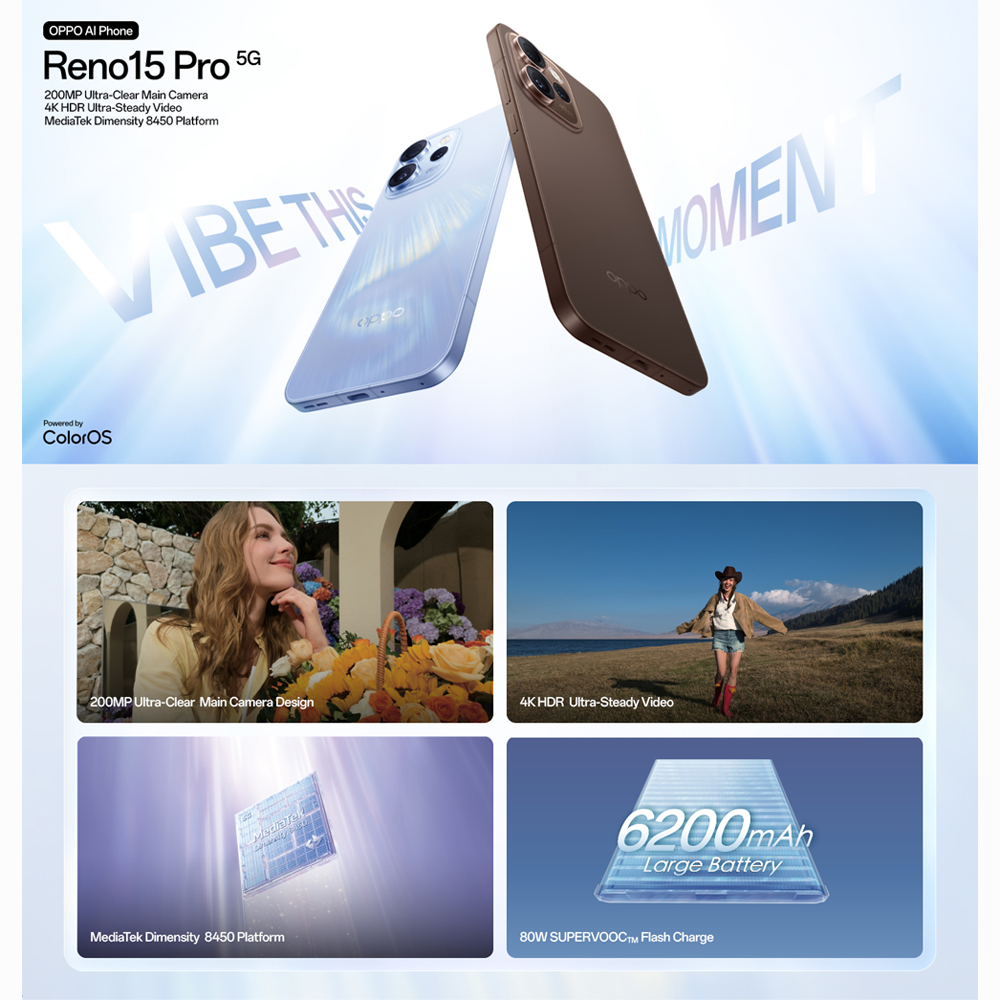 OPPO Reno15 Pro 5G | 200MP Ultra-Clear Main Camera | 80W SUPERVOOC™ Flash Charge | MediaTek Dimensity 8450 Platform
