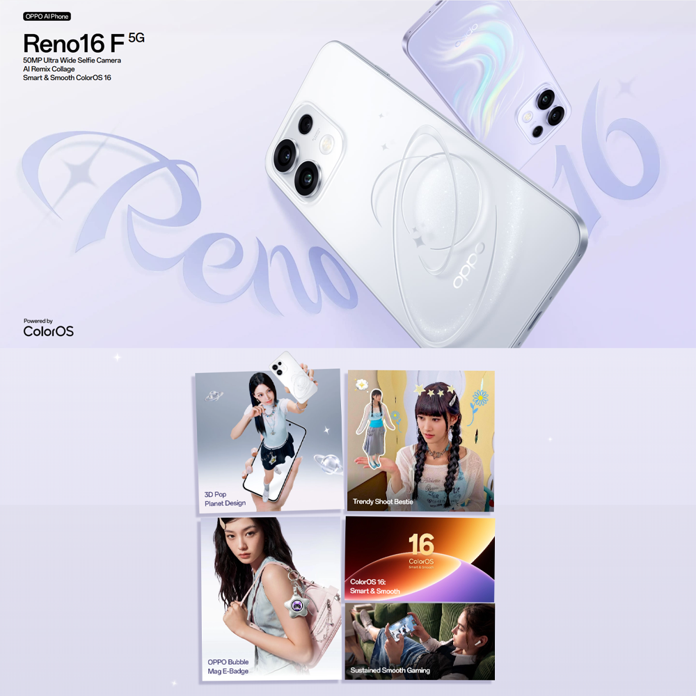 OPPO Reno16 F 5G 8GB+128GB / 8GB+256GB | 50MP Ultra Wide Selfie Camera | AI Remix Collage | Smart & Smooth ColorOS 16