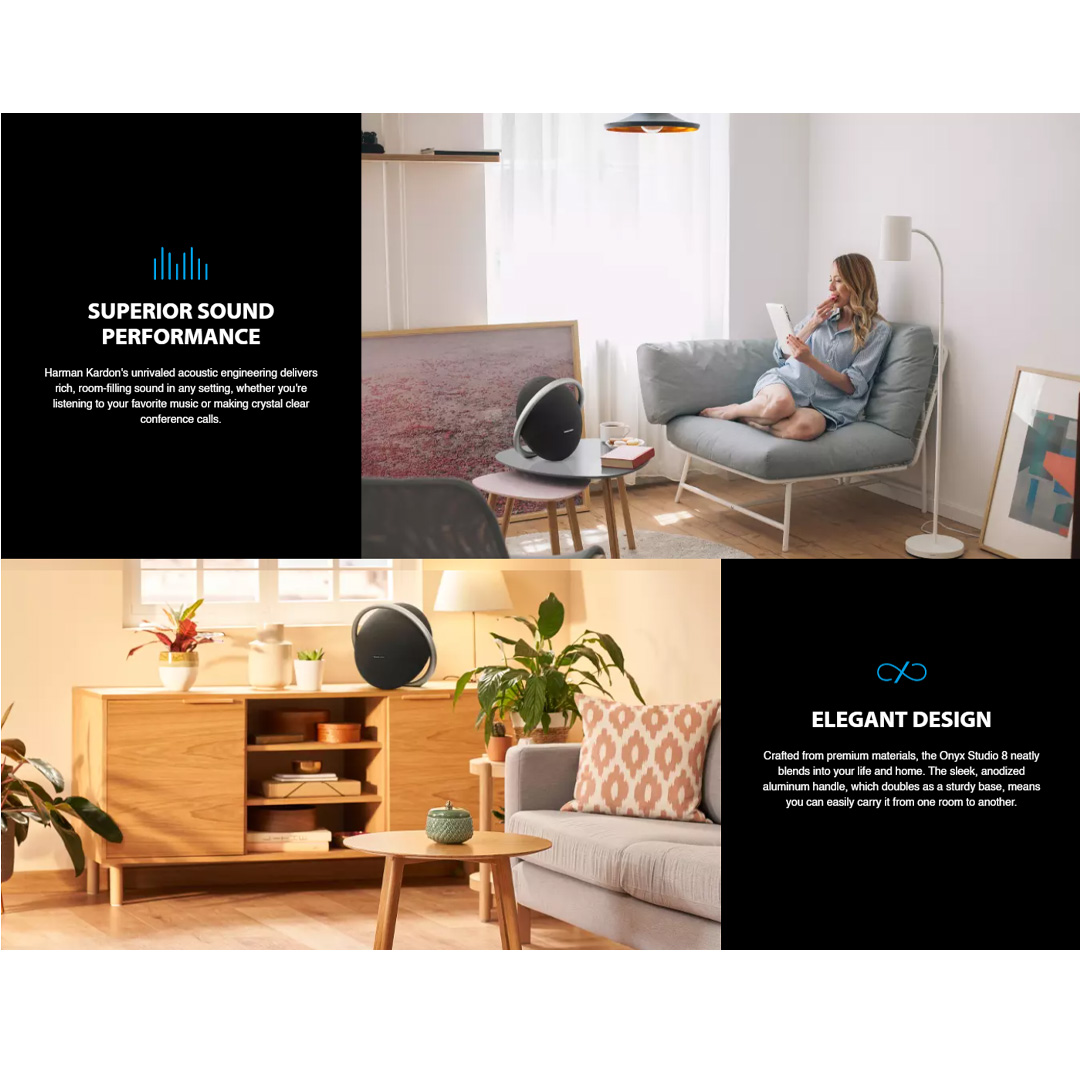 harman kardon Portable Stereo Bluetooth Speaker Onyx Studio 8 | Superior Sound Performance | Self-Tuning | Up to 8 Hours | Speaker with 1 Year Warranty