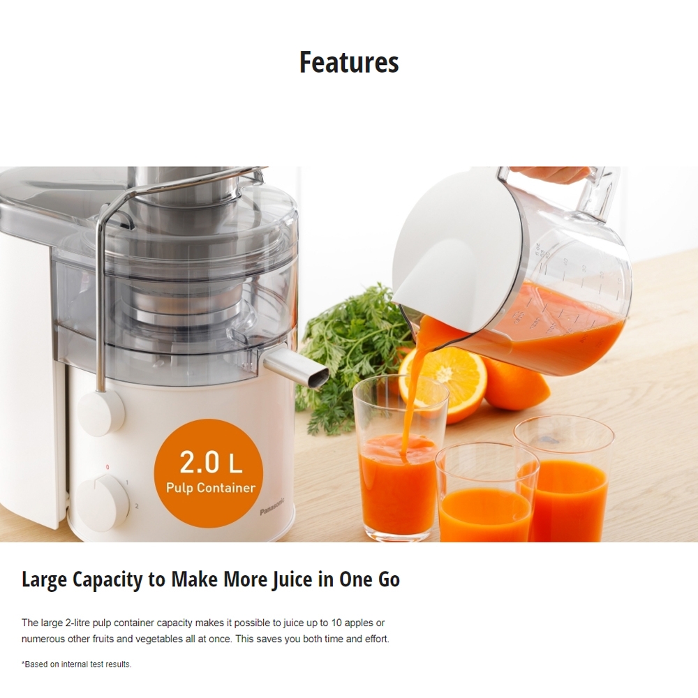 Panasonic 2L Large-Capacity Juicer MJ-CB100WSK | Two-Speed Control | Dishwasher-Safe Parts | Full Metal Spinner