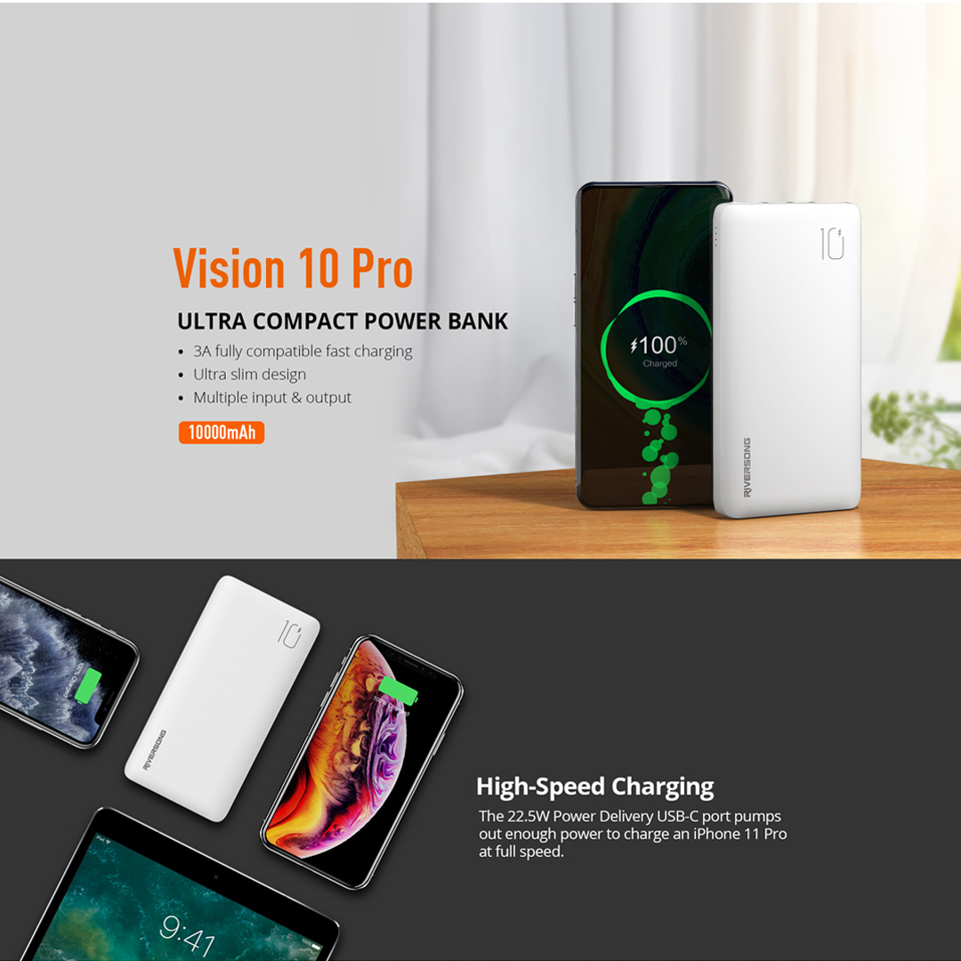 RIVERSONG 10000mAh Vision 10 Pro Ultra Compact Power Bank PB68 Pro | 3A Fully Compatible Fast Charging | 22.5W High Speed | Power Bank with 1 Year Warranty
