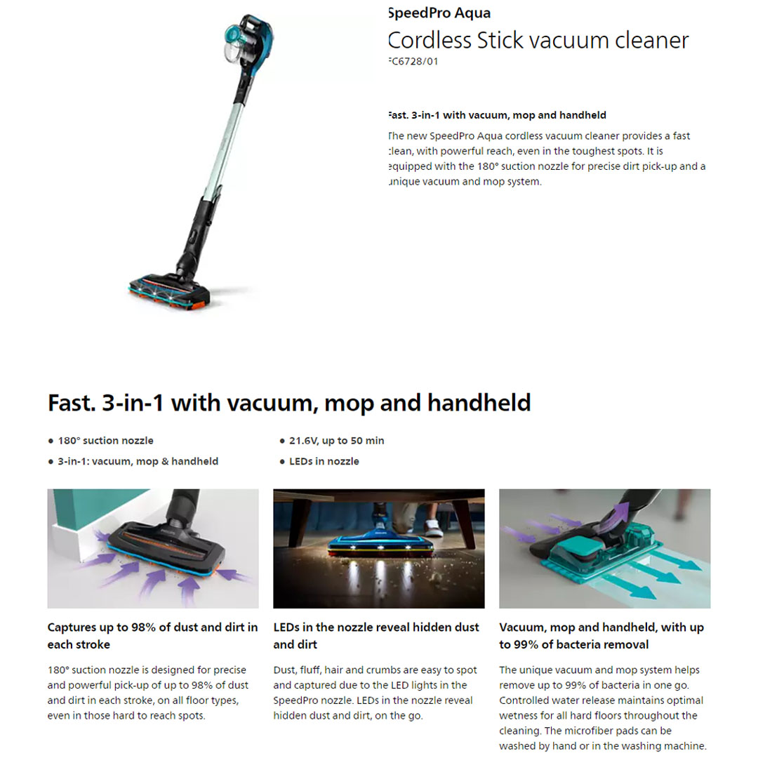 Philips 800W SpeedPro Aqua Cordless Stick Vacuum Cleaner FC6728/01 | 180° Suction Nozzle | Power Cyclone 7 | LED Nozzle | Aqua Boost | Up to 50 minutes Runtime | Vacuum Cleaner with 1 Year Warranty