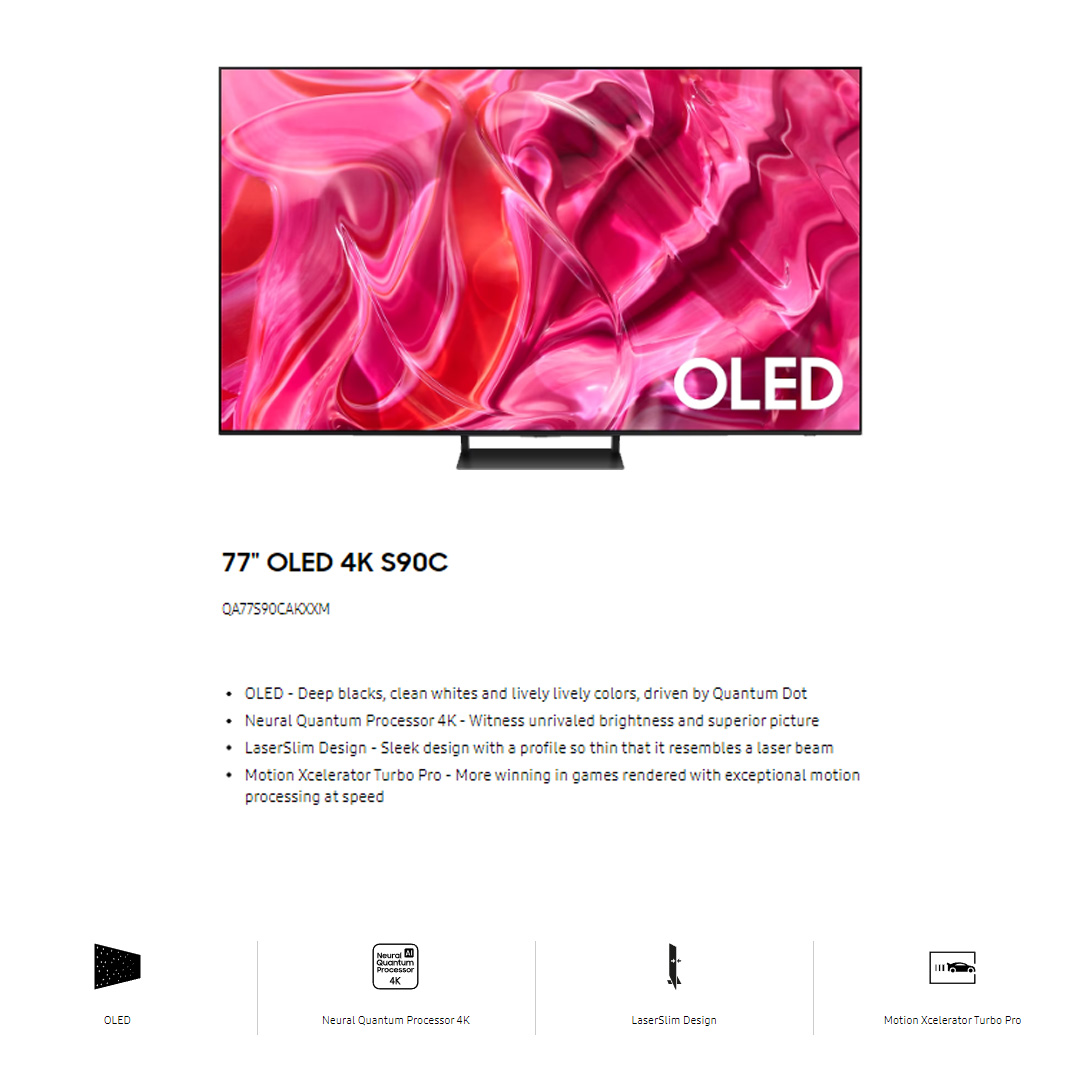 SAMSUNG 77" 4K UHD Smart OLED TV QA77S90CAKXXM | LaserSlim Design | Tizen™ Smart TV | App Casting | Web Browser | SmartThings | Smart TV with 2 Year Warranty