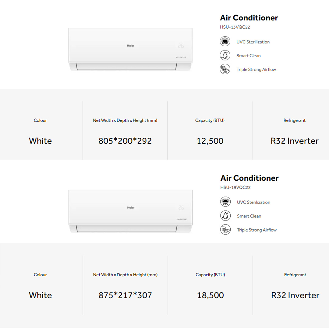 HAIER 1HP/1.5HP/2HP/2.5HP R32 UV Ray Inverter Wall Mount Air Conditioner HSU-10VQC22 |  UVC Sterilization | Triple Strong Airflow | Smart Clean | Energy Saving | I Feel | Air Conditioner with 3  Year Warranty