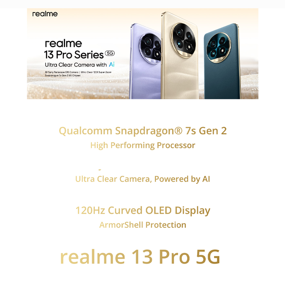 Realme 13 Pro 5G 12GB+512GB | 6.7 inches OLED | 50MP Sony LYT-600 OIS Camera | Snapdragon 7s Gen 2, Octa-core up to 2.4Ghz | Li-Po 5200mAh