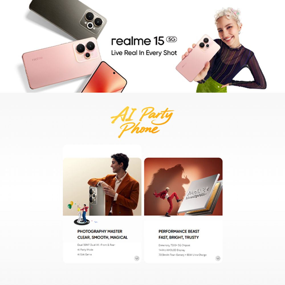 realme 15 5G 12GB+256GB | 50MP Camera | 6.8 inches, OLED | 7000mAh | Mediatek Dimensity 7300+ (4 nm) | Android 15, Realme UI 6.0