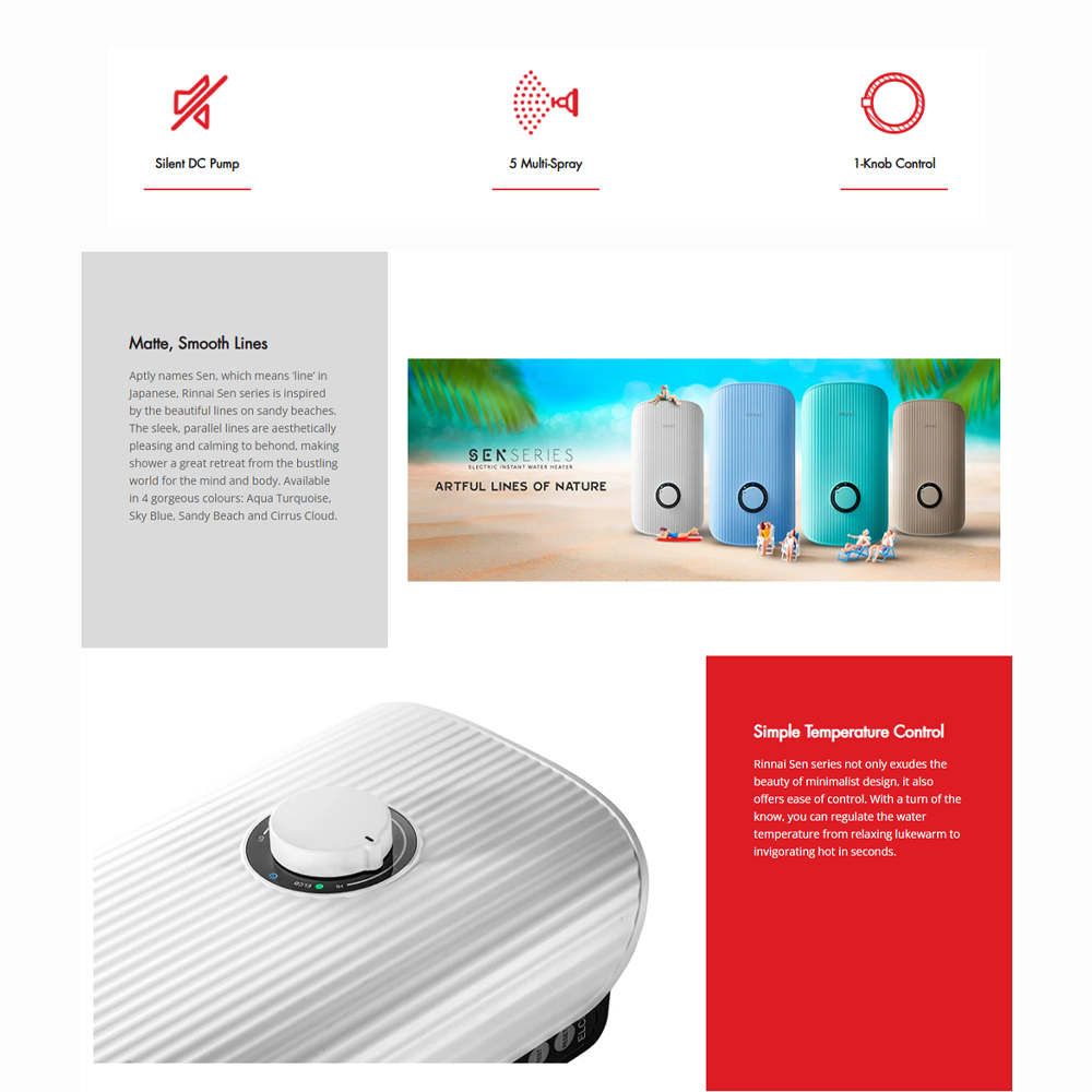 Rinnai 3800W DC Pump Sen Electric Water Heater REI-E380DP-B-WH/ REI-E380DP-BS-BK/ REI-E380DP-C-BG | 5 Multi-Spray, Anti-Twist Hose |1-Knob Control