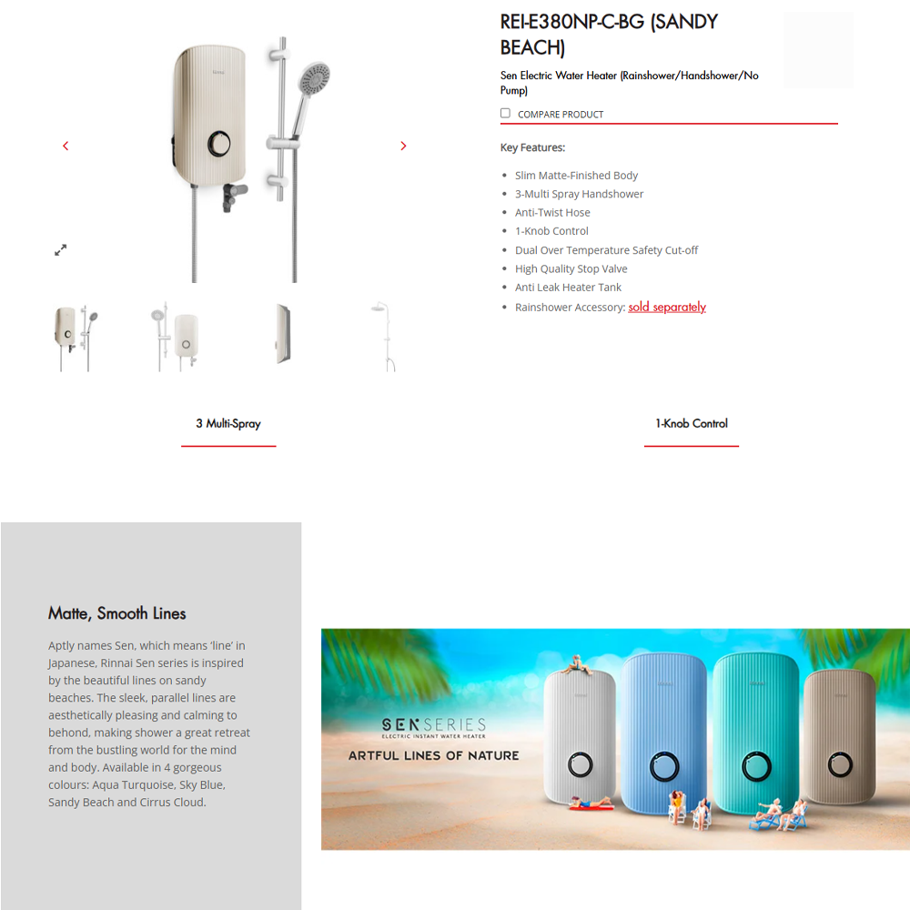 Rinnai 3800W Non Pump Sen Electric Water Heater REI-E380NP-B-WH/REI-E380NP-BS-BK/REI-E380NP-C-BG | 3 Multi-Spray | 1-Knob Control