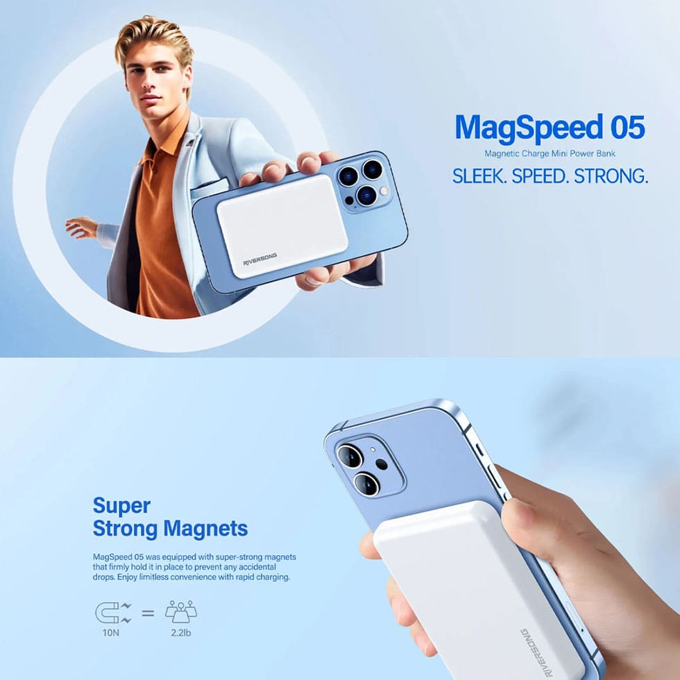 RIVERSONG 5000mAh MagSpeed 05 Wireless Power Bank PB104 | Ultra Magnetic | Ultra Slim & Portable | Mini Power Bank | Power Bank with 1 Year Warranty