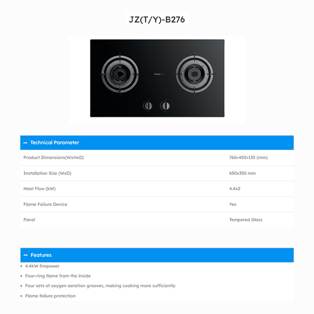 ROBAM 2 Burners Vigour Series Built-In High Flame Gas Hob Black SRB-B276 | With Safety Device | Cast Iron Stand | High Quality Tempered Glass