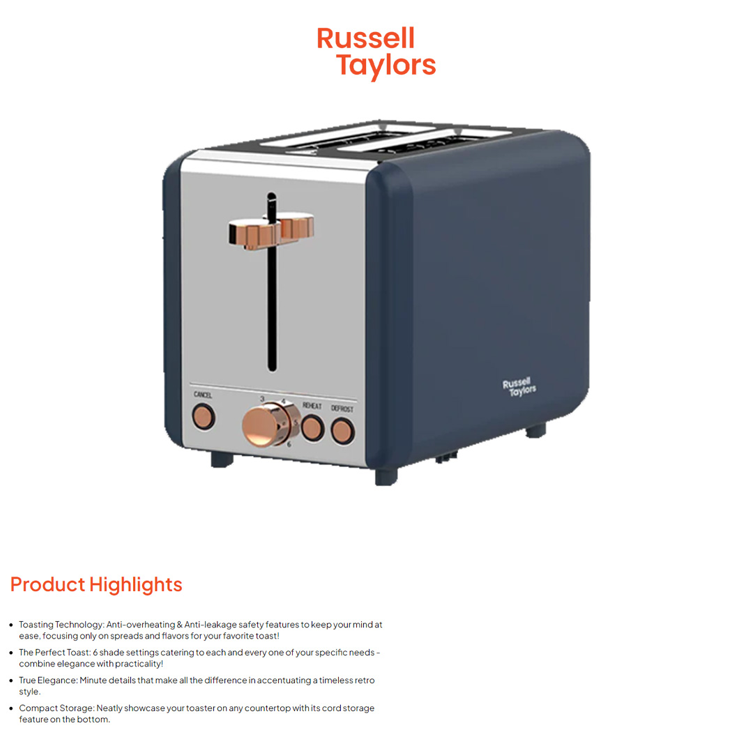 Russell Taylors 2 Slices Retro Toaster RT-20 | Stainless Steel | 6-Shade Setting | Smart Toasting Options | Toaster with 2 Year Warranty