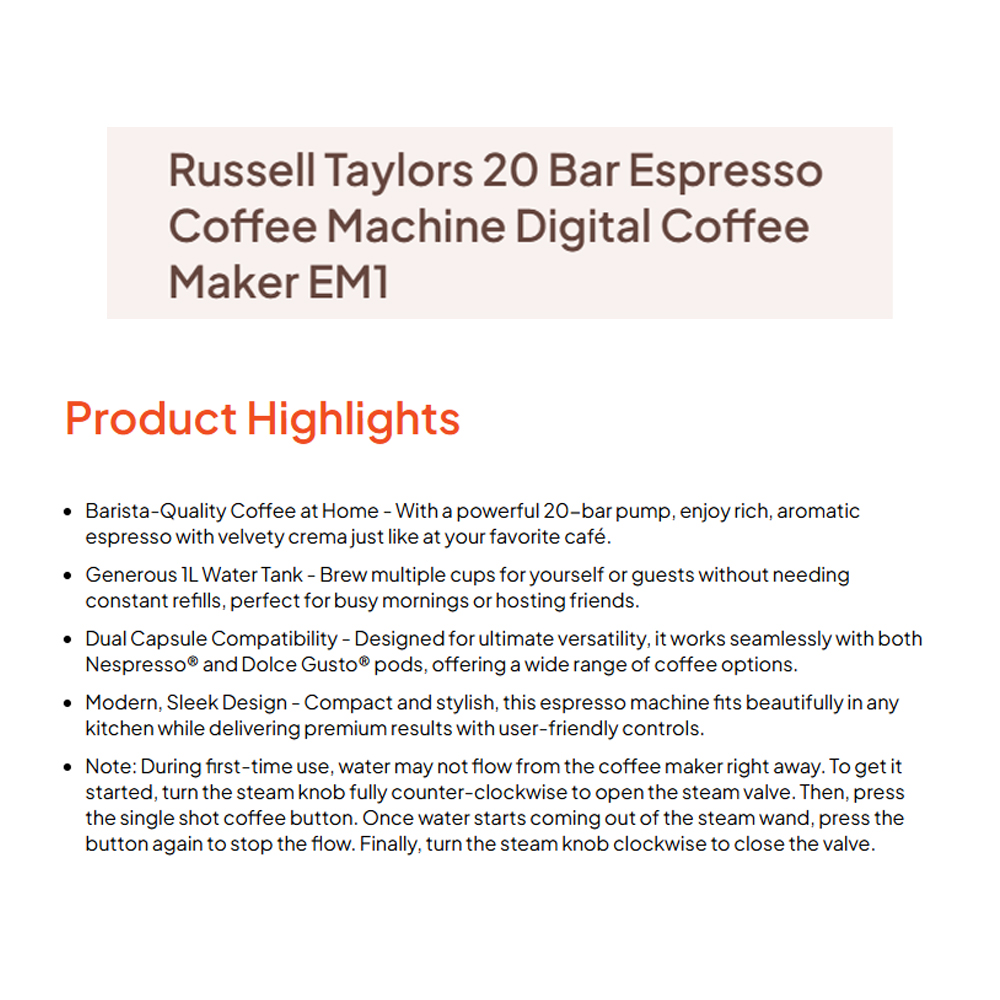 Russell Taylors 1350W 20 Bar Espresso Coffee Machine Digital Coffee Maker EM1 | Home Barista Milk Wand | 1L Detachable Water Tank