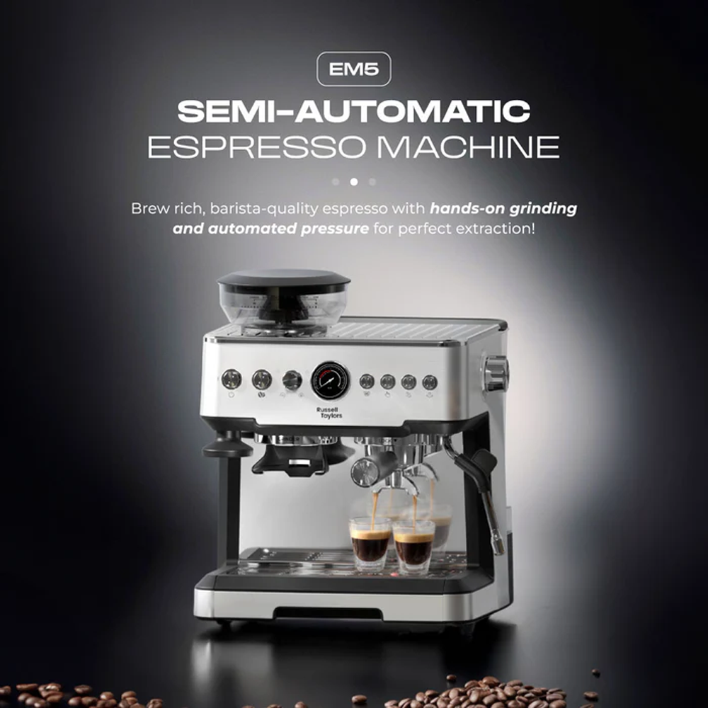Russell Taylors 2380W 20 Bar Dual Boiler Espresso Machine 58mm Coffee Maker with Grinder EM5 | 200g Coffee Grinder | Dual Boiler | Powerful Steam