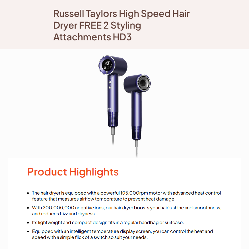 Russell Taylors 1800W High Speed Hair Dryer HD3 | 105,000 RPM | Dual Magnetic Attachment | 4 Temperature Settings | Wind Speed: 16.8m/s