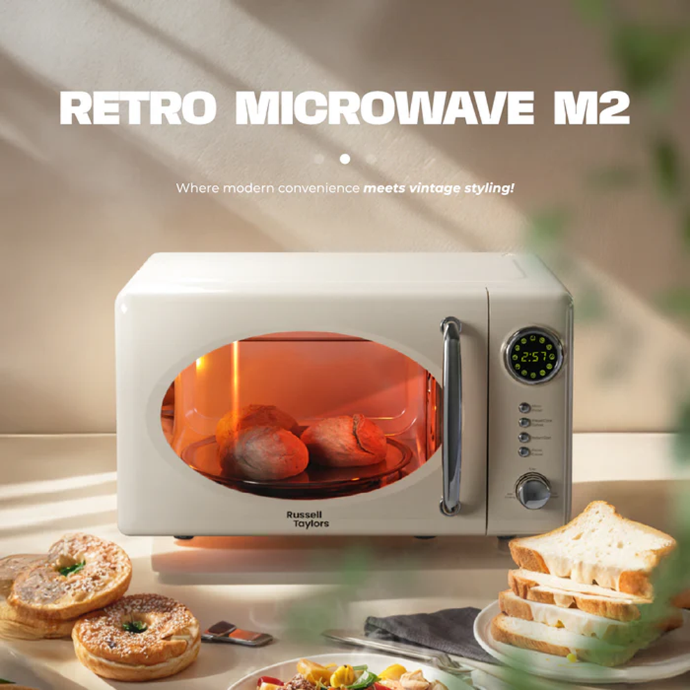 Russell Taylors 20L Retro Microwave Oven M2 | 12 Preset Programs | Quick Defrosting | Adjustable Power & Timer
