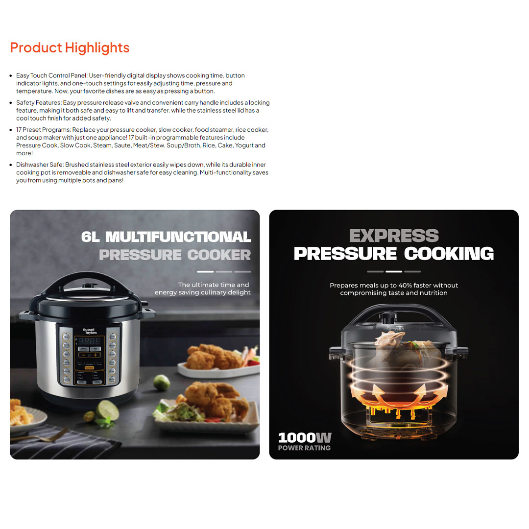 Russell Taylors 6L Electric Pressure Cooker 17 Preset Programs PC6 | 24-Hour Delay Timer |  Express Cooking | Stainless Steel Culinary | Pressure Cooker with 2 Years Warranty