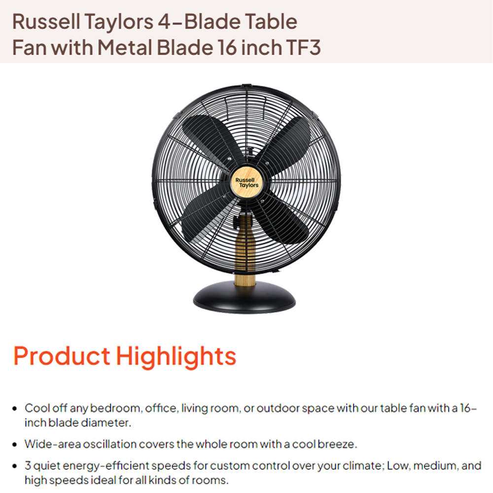 Russell Taylors 16" 4-Blade Stand Fan/Table Fan with Metal Blade SF3 TF3 | 3-Speed Selection | Wide-Angle Breeze Tilt & Oscillation