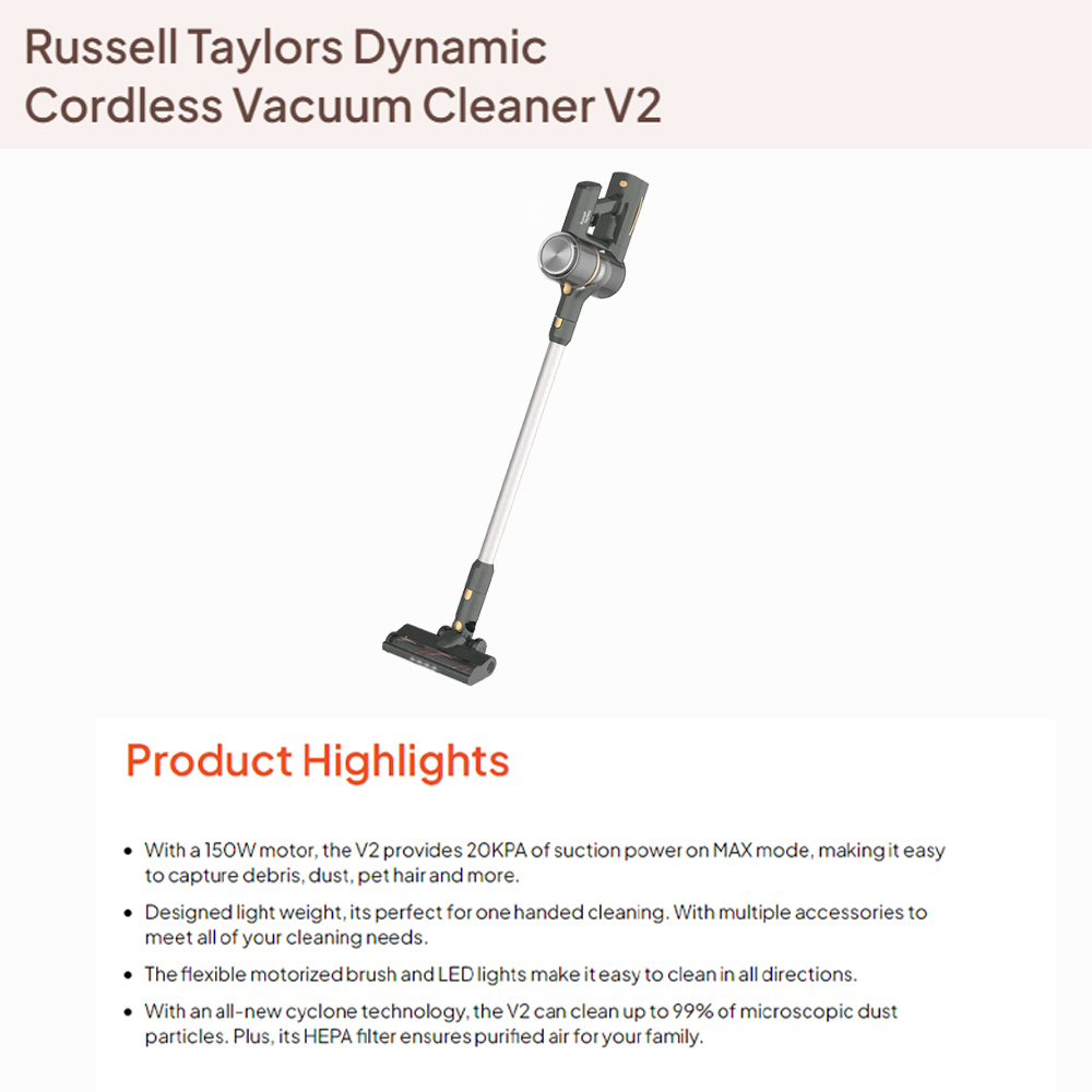Russell Taylors 150W Dynamic Cordless Vacuum Cleaner V2 | Powerful DC Motor | 2-Speeds | Cyclonic Filtration System