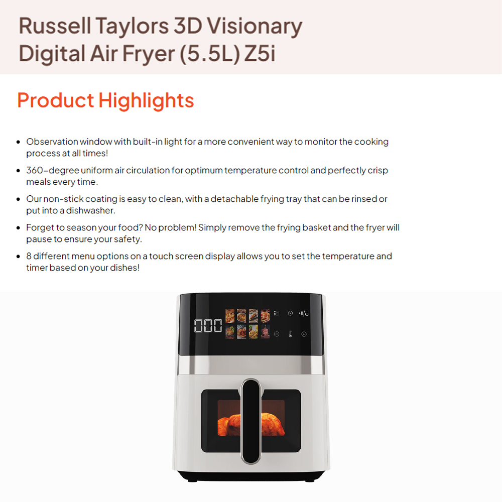Russell Taylors 5.5L 3D Visionary Digital Air Fryer Z5i | 360° Rapid Air Circulation Technology | Digital Controller
