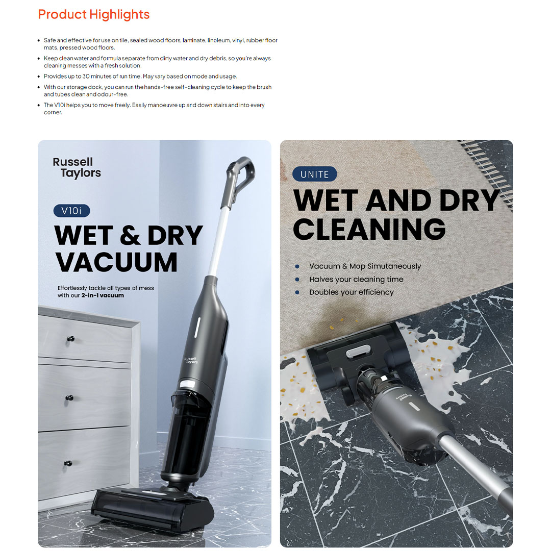 Russell Taylors 150W Wet & Dry Cordless Vacuum Cleaner Floor Washer V10i | 3000mAh | Convenient Docking & Charging Station | Self-Cleaning Roller Brush | Vacuum Cleaner with 2 Years Warranty