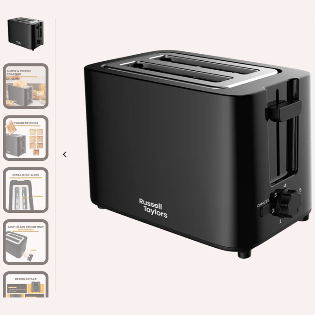 Russell Taylors 2 Slices 7-Shades Bread Toaster T2 |  7 Shade Settings | Extra Wide Slots | Auto Lift Up | Cancel Function |  Easy Clean Crumb Tray | Toaster with 2 Years Warranty