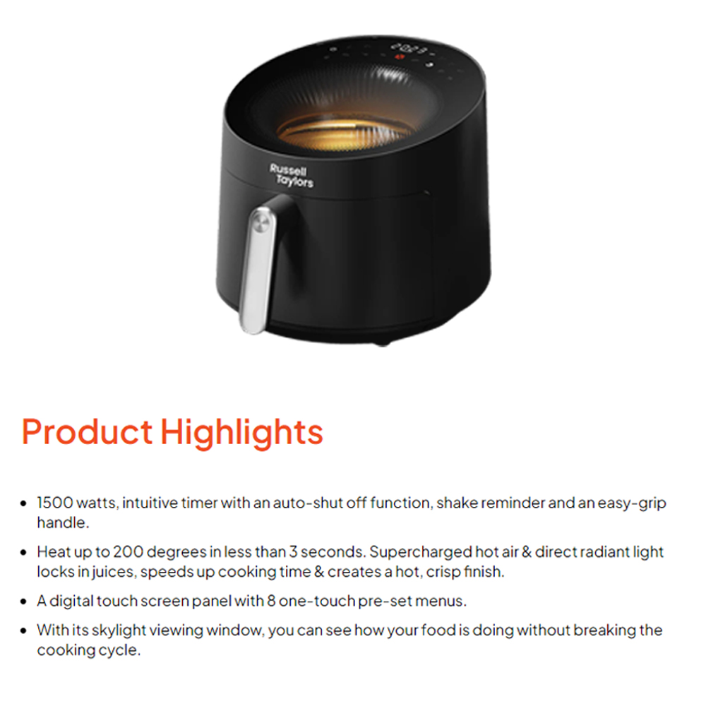 Russell Taylors 5.5L Skylight View Bladeless Air Fryer Z10 | Radiant Turbo Heating | Smart Preset Programs