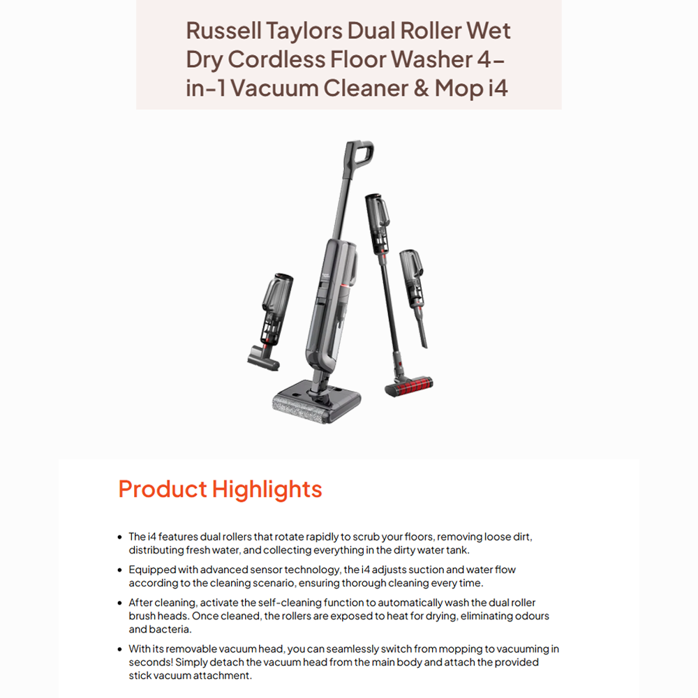 Russell Taylors 250W Dual Roller Wet Dry Cordless Floor i4 | 4-in-1 Cleaning Expert | Double roller | Double cleaning