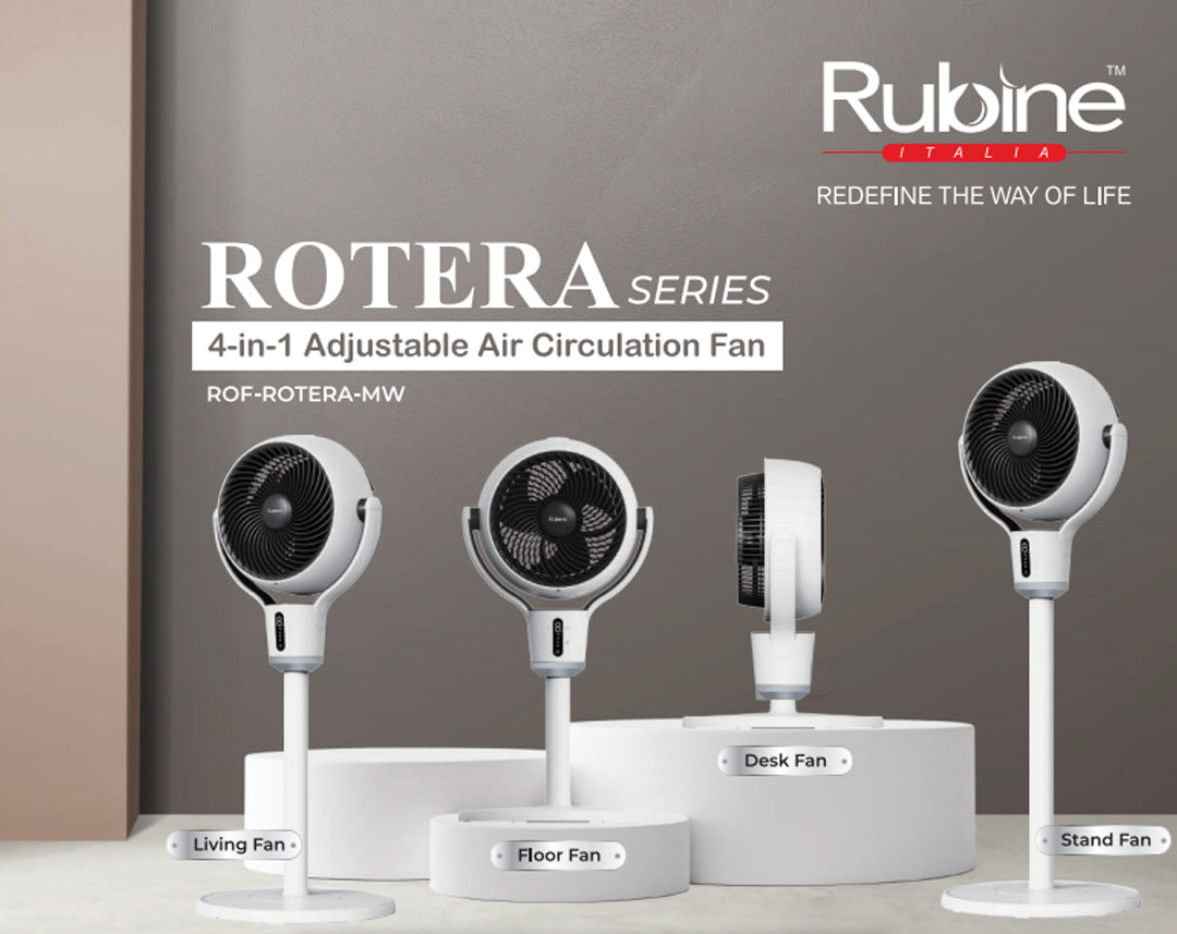 Rubine 10" 4-in-1 Adjustable Air Circulation Fan ROF-ROTERA-MW | 100° Vertical Swing Angle | High-torque Spiral Blades | High-speed and Long-distance Air Circulation up to 10m Distance | Fan with 1 Year Warranty