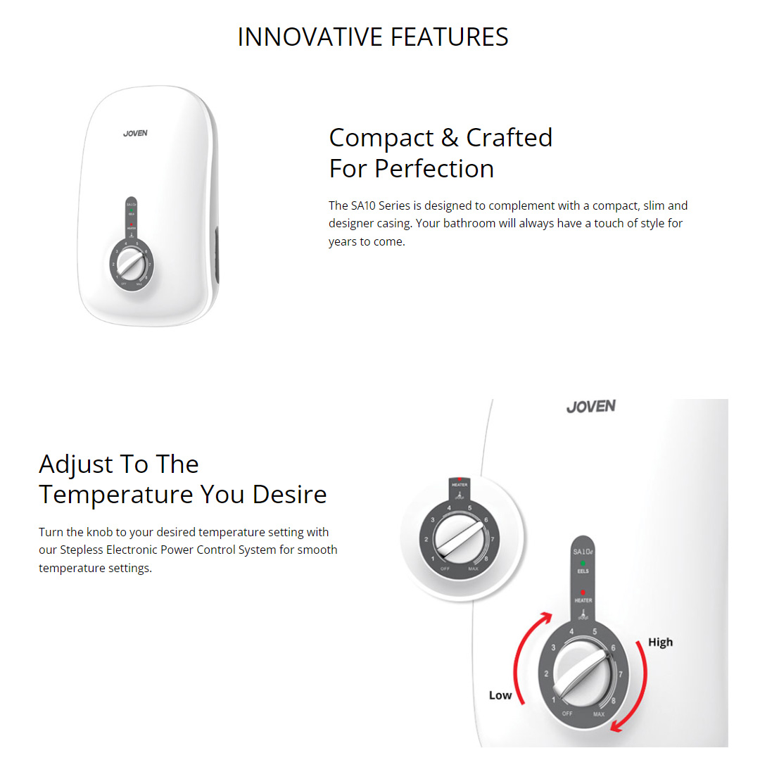 JOVEN 3600W Non-pump Water Heater SA10e | Adjustable Temperature | High Protection Against Water Splash | SFS Technology | Water Heater with 1 Year Warranty