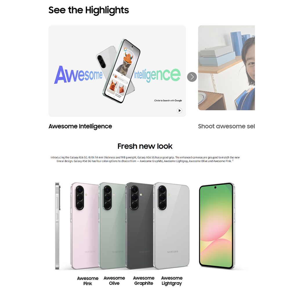 SAMSUNG Galaxy A56 5G 12GB+256GB | Exynos 1580 (4 nm) | 6.7 inches, Super AMOLED | 50MP Main Camera | Li-Po 5000 mAh