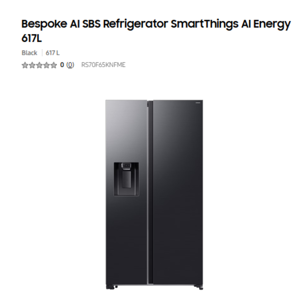 SAMSUNG 617L Bespoke AI SmartThings Digital Inverter Side by Side Refrigerator RS70F65KNFME | SpaceMax Technology | Water & Ice Dispenser Function 