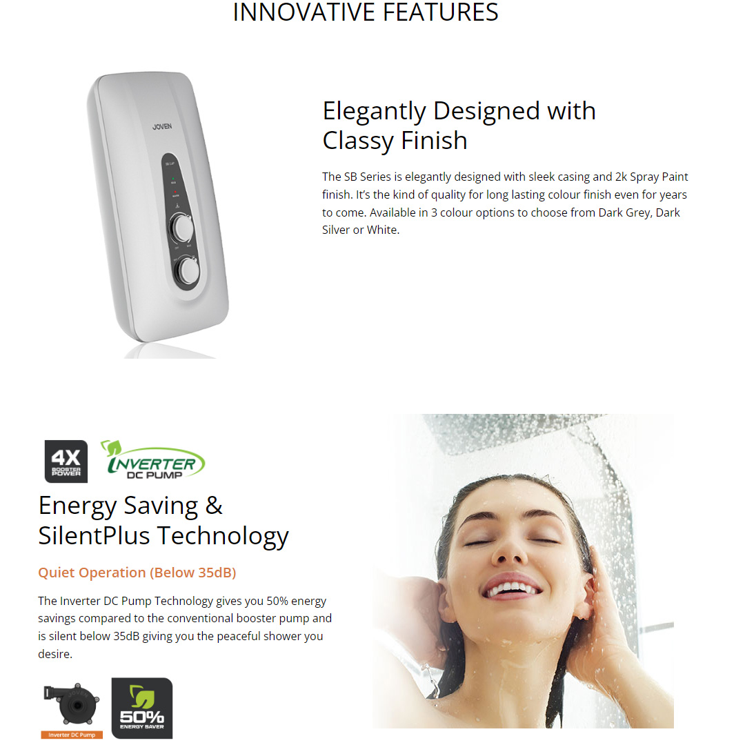 JOVEN 3600W DC Inverter Silent Pump Water Heater with Rain Shower SB11iP-RS | 5 Spray Showerhead | SFS Technology | Durable Copper Heating Element | Water Heater with 1 Year Warranty