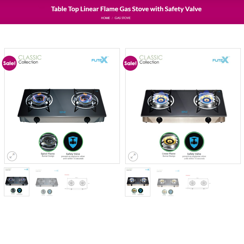 SENZ 2 Burners Portable Table Top SPIRAL/LINEAR FLAME Gas Stove with Safety Valve SZ-GS202/SZ-GS303| Futex Glass Heat Resistance