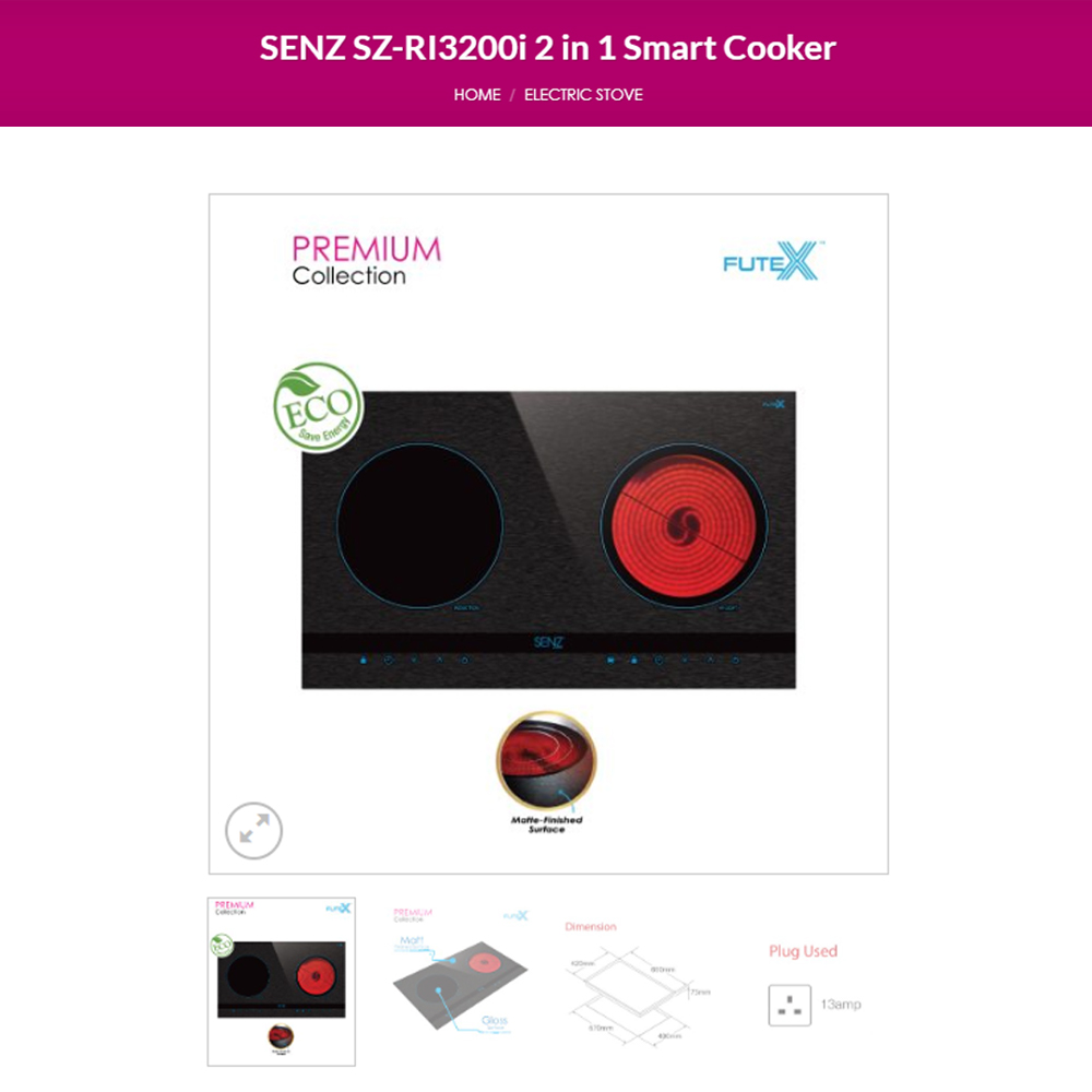 SENZ 2 Burners 2 in 1 Tri-Ringz Smart Cooker | SZ-Ri3200i | Heat resistance ceramic glass | Auto-Cut Off | Electronic overheating protection