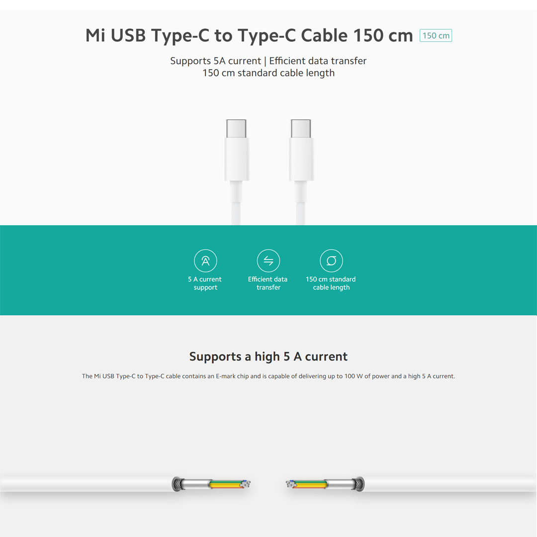 Xiaomi 1.5m USB Type-C to Type-C Cable SJX12ZM | Efficient Data Transfer | Support a Wide Range of Devices | Cable with 1 Year Warranty