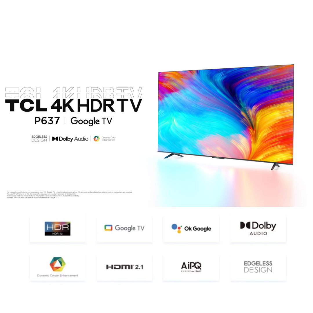 TCL 65" 4K HDR Google TV 65P637 | Dynamic Color Enhancement | AIPQ 2.0 | DTV EPG(without IP EPG) | Smart TV with 2 Year Warranty