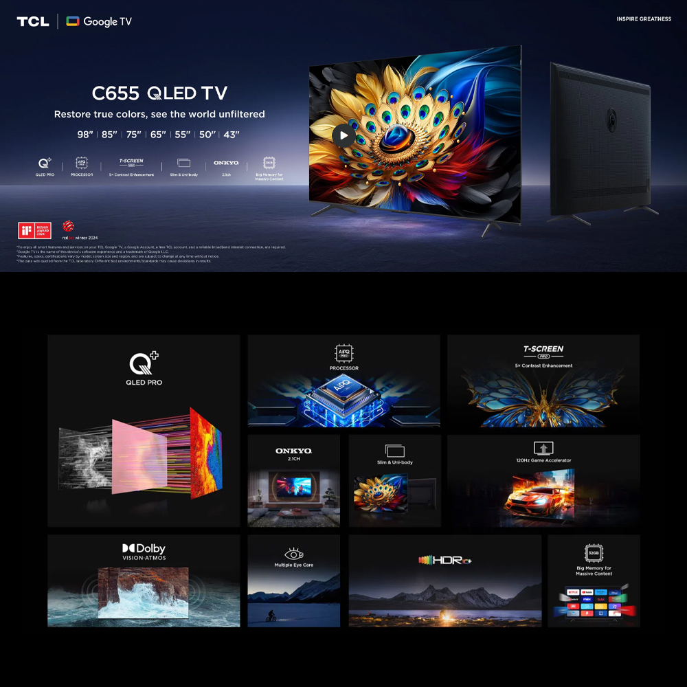 TCL 50" 55" 65" 75" 85" 98" C655 4K UHD QLED Google TV 50C655 55C655 65C655 75C655 85C655 98C655