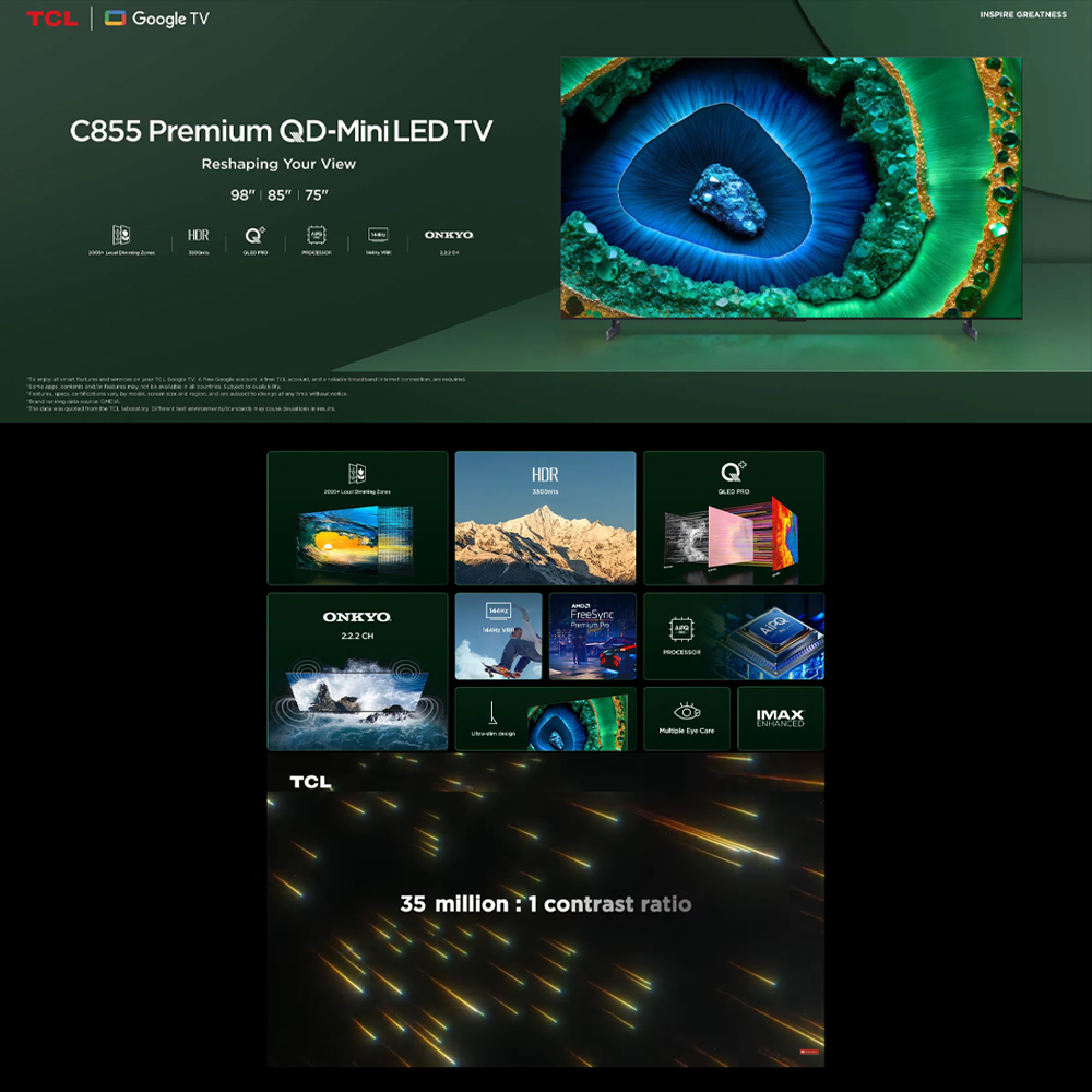 TCL 75/85/98 Premium QD-Mini LED 4K Google TV C855 | HDR 10+ | Ultra Slim Design | Dolby Atmos
