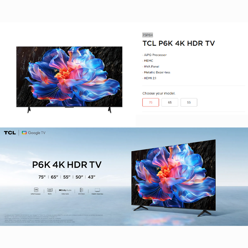 [2025 New Model] TCL 55"/65"/75" 4K HDR Google TV | P61K Series | Dolby Audio | AiPQ Processor | MEMC | HVA Panel