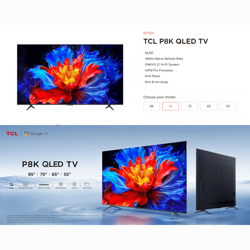 TCL 85"/98" 4K UHD QLED Google TV 85P8K/98P8K | QLED | 144Hz Native Refresh Rate | ONKYO 2.1 Hi-Fi System | AiPQ Pro Processor