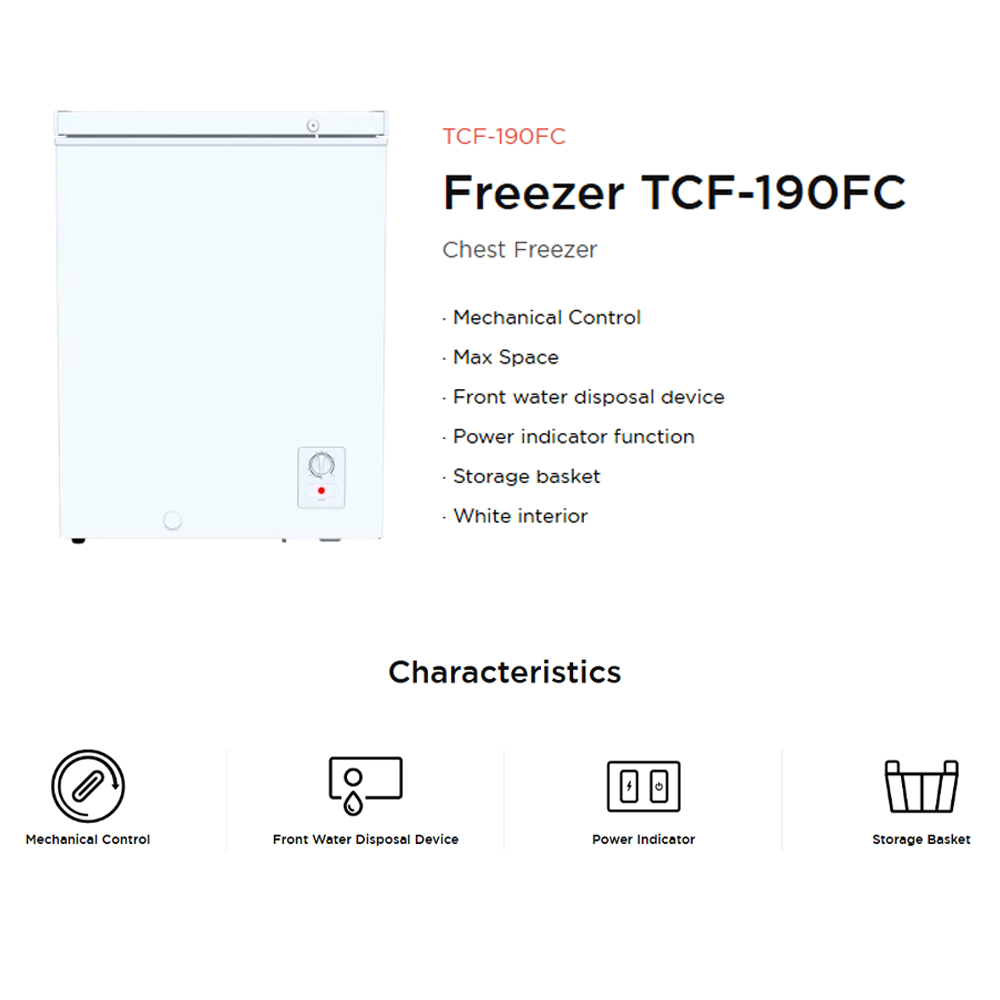 TCL 190L/280L Chest Freezer TCF-190FC/TCF-280FC | Power indicator function | Mechanical Control | Storage basket
