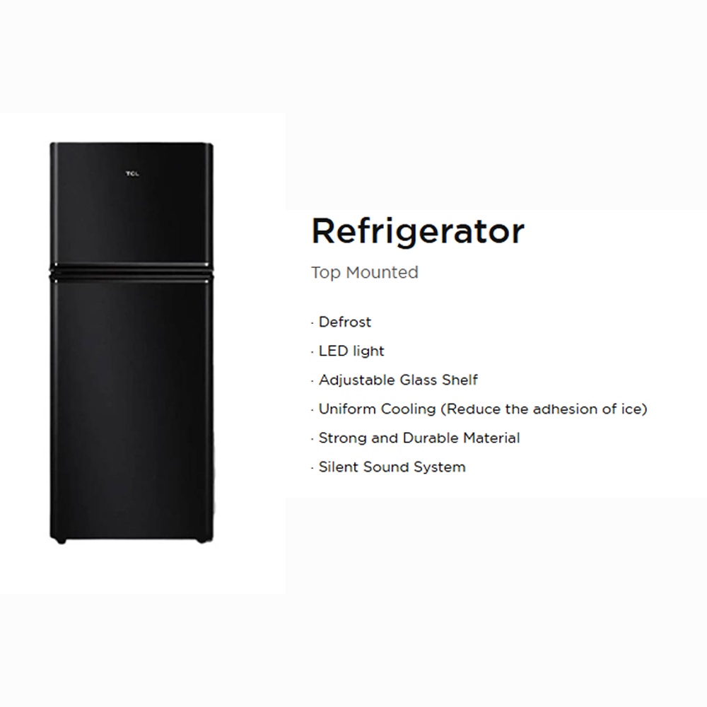 TCL 165L 2 Door Top Mounted Mini Refrigerator TR-NT185AB | Defrost | LED light | Adjustable Glass Shelf | Uniform Cooling