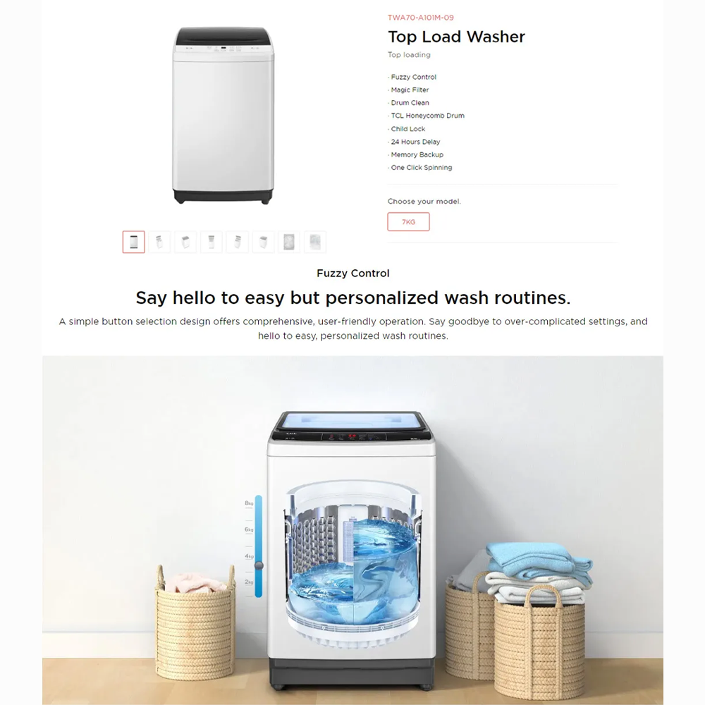 TCL 7KG/11KG Top Load Washing Machine TWA70-A101M-09/ TWA110-F307GM-09 | Fuzzy Control | Magic Filter | Drum Clean | TCL Honeycomb Drum |  Child Lock | 24 Hours Delay | Memory Backup