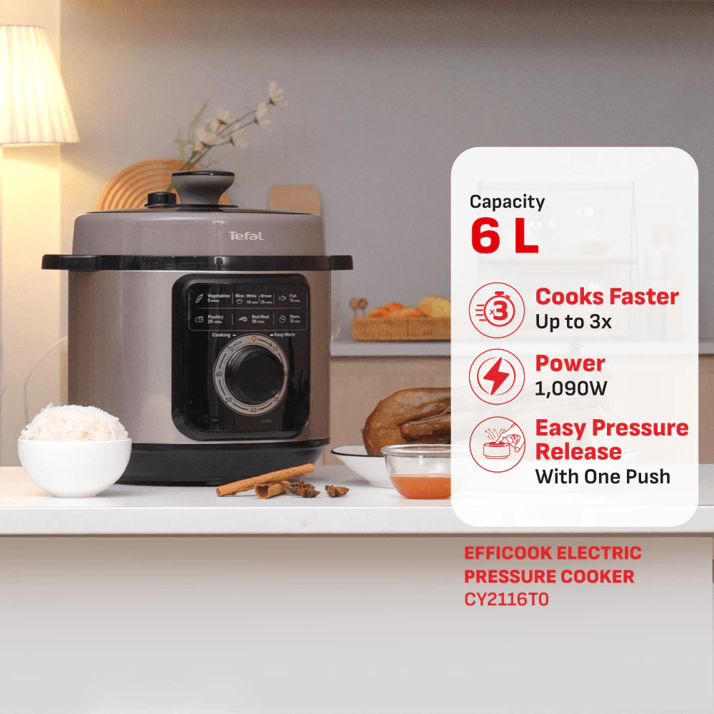 Tefal 6L Effi Cook Multicooker (Pressure Cooker) CY2116 | Cook up to 3x faster | Non stick inner pot | Pre-set timer