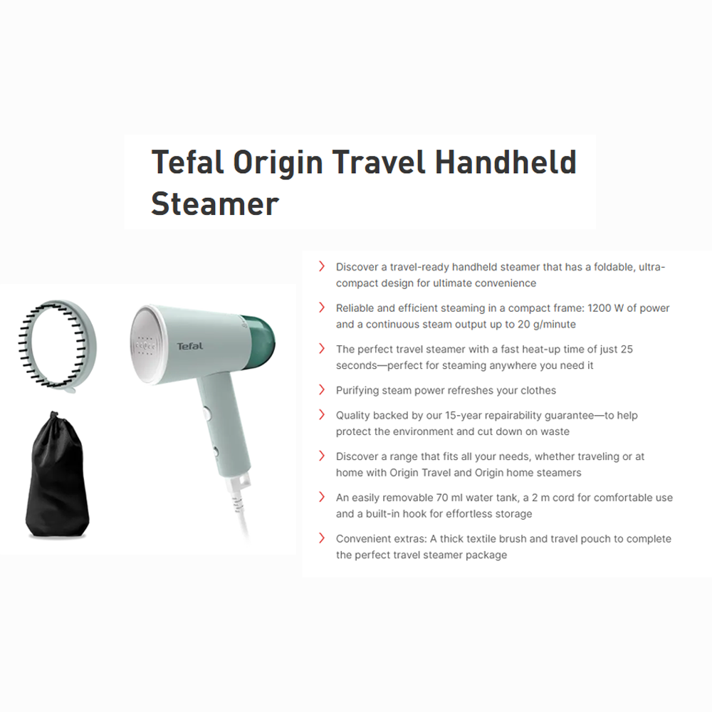 Tefal 1200W Origin Travel Handheld Foldable Garment Steamer DT1034 | 35 seconds to complete heating | Steam output up to 20 g/minute